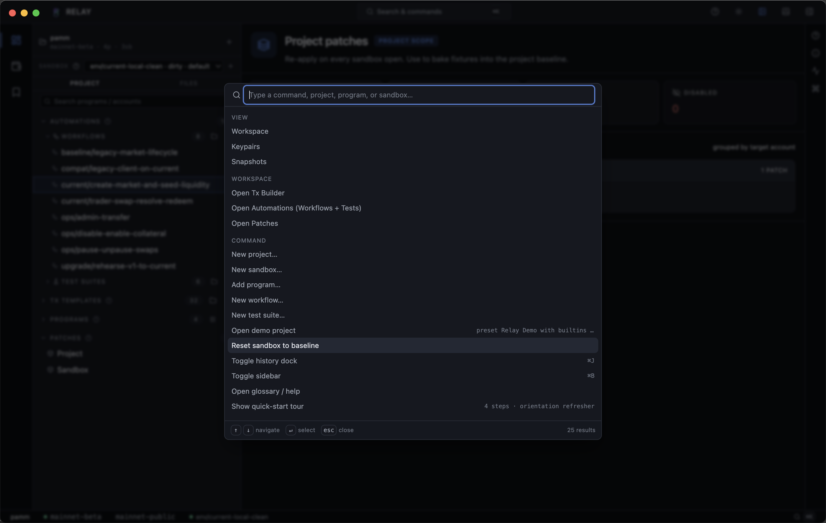 Command palette open with View, Workspace, and Command sections listed