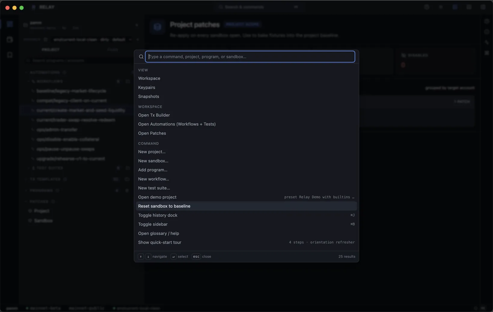 Command palette open with View, Workspace, and Command sections listed