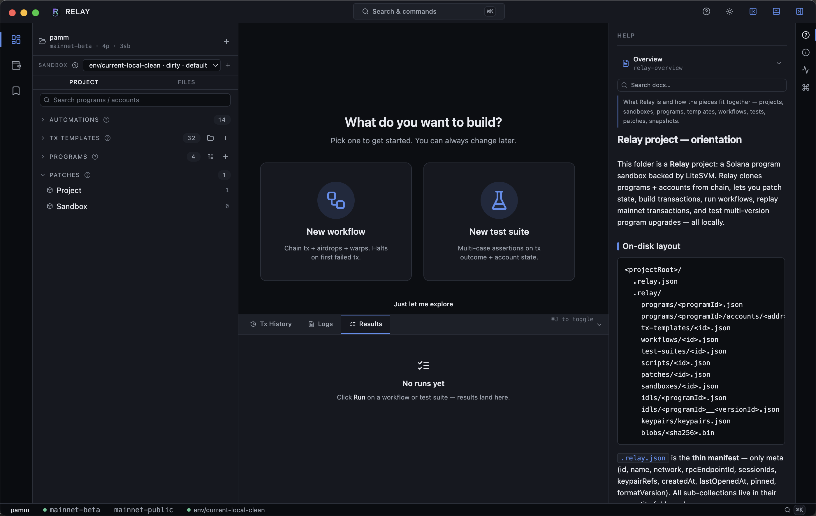 Help panel docked on the right with project orientation copy and on-disk layout