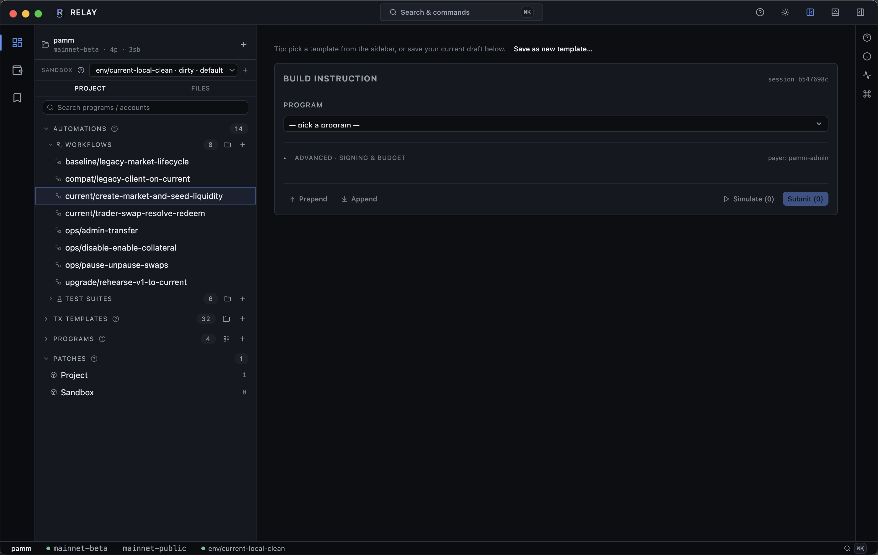 Tx Builder pane with program picker, advanced signing/budget section, and Simulate/Submit actions