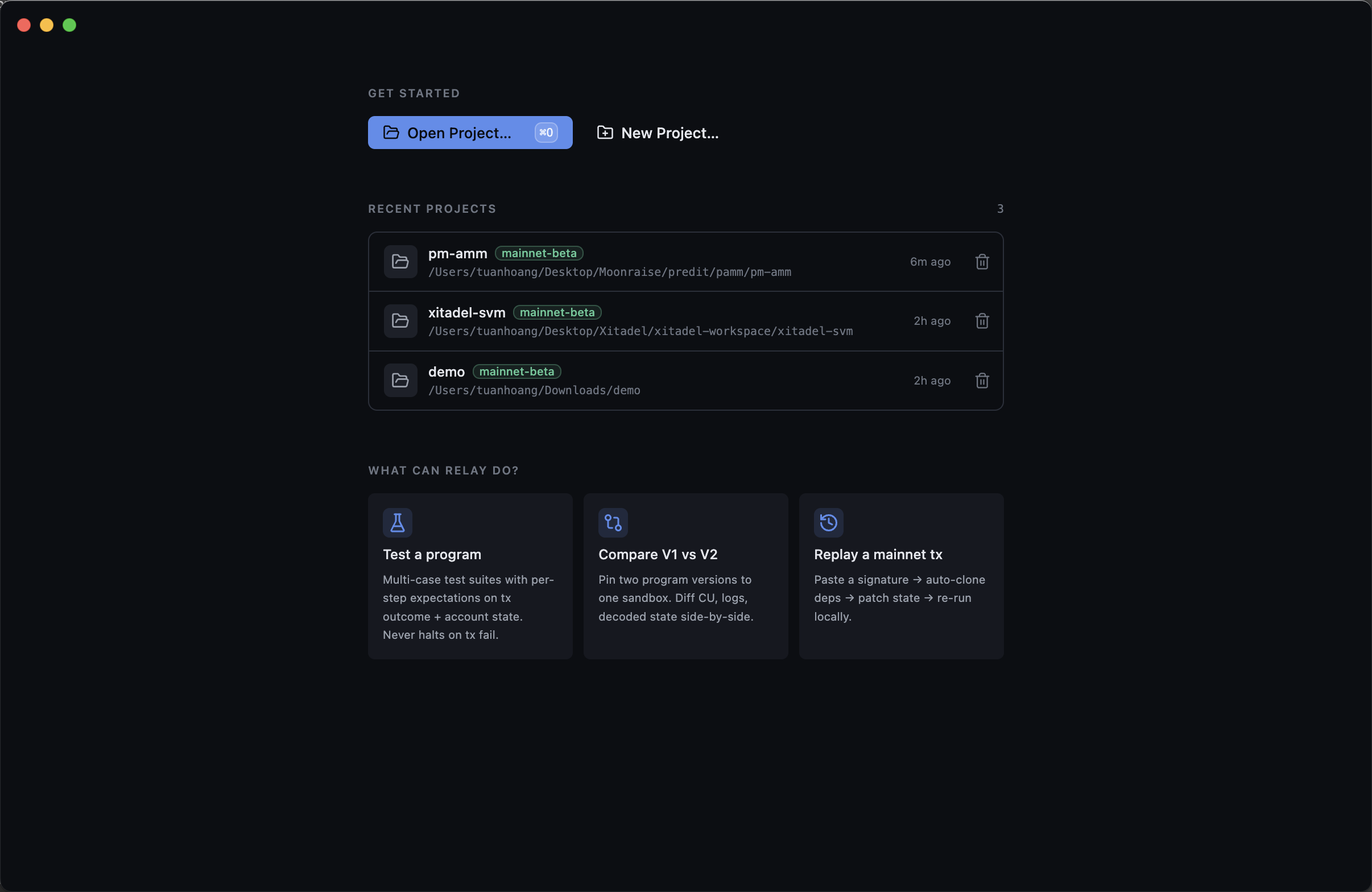 Welcome screen showing Open / New project actions, recent projects, and use-case cards