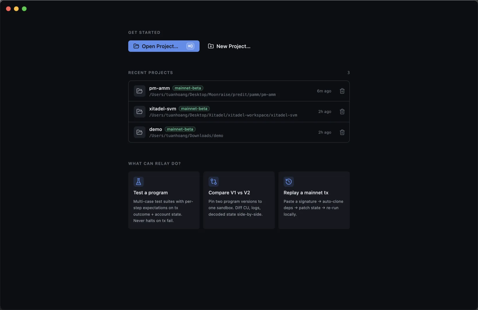 Welcome screen  -  open / new project, recent projects, use-case cards